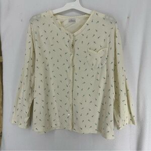 Aria Long Sleeve Button Floral Ribbed Blouse Shirt Womens Large Beige